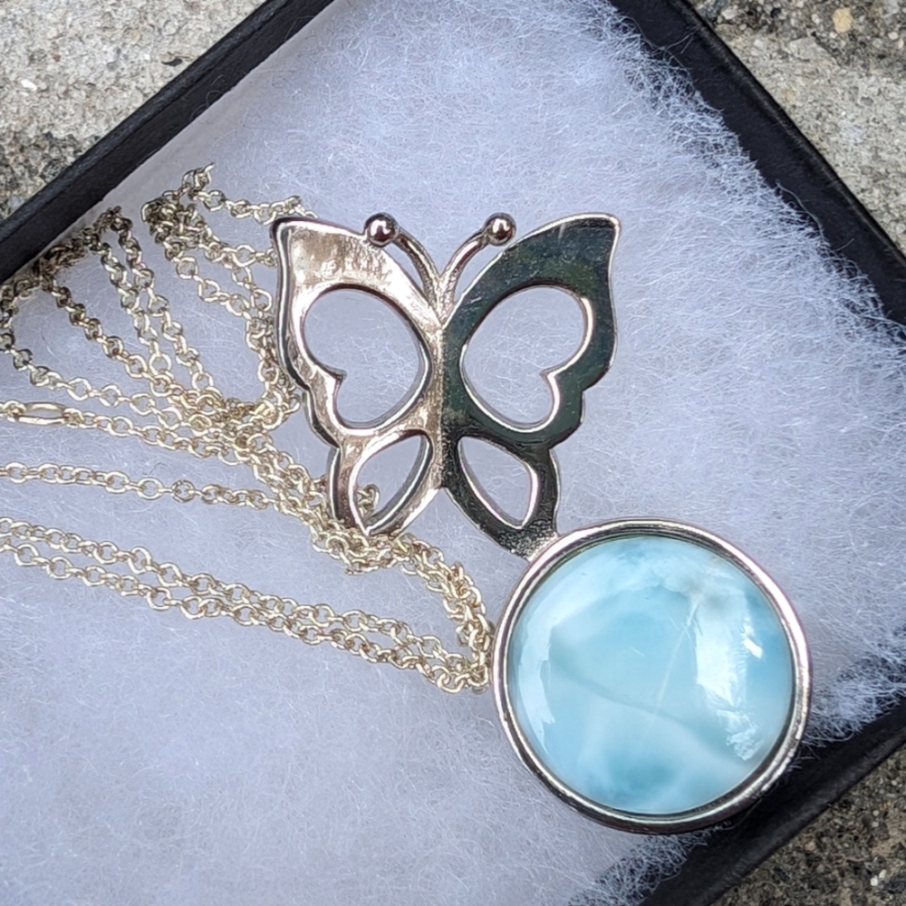 Beautiful Butterfly & Larimar Gemstone Necklace